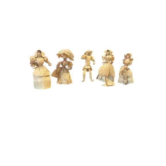 Vintage Rustic Corn Husk Dolls Set of 5 Handmade Folk Art Thanksgiving Decor - Picture 3 of 8